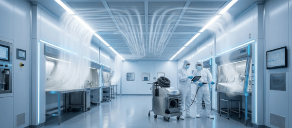 Two technicians in full cleanroom suits inspect sterilized lab equipment and airflow systems inside a modern pharmaceutical cleanroom