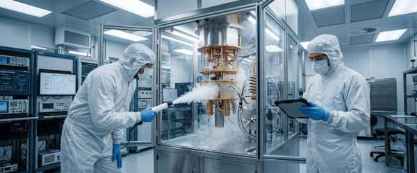 Two technicians in full cleanroom suits service a cryogenic quantum computer inside a glass enclosure, one spraying coolant while the other records data