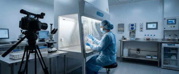USP 797: Laboratory technician in full PPE working at a sterile laminar flow hood preparing samples for compounding and testing