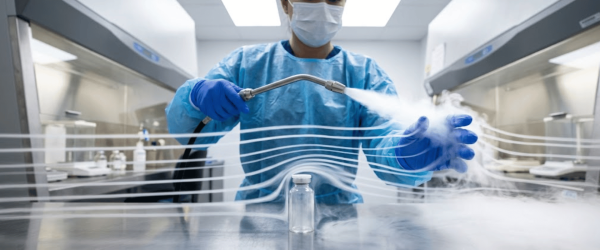 USP 800 compliant technician in PPE disinfecting sterile vial with airflow visualization and cryogenic spray in cleanroom setting.

