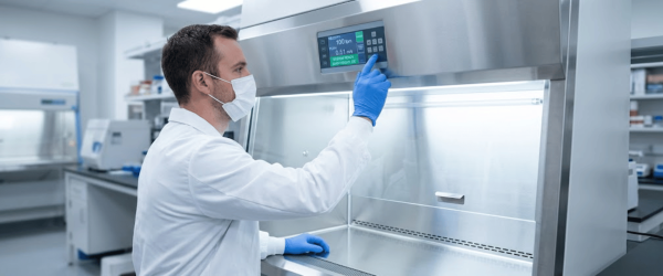 USP 800 compliant technician operating a biological safety cabinet, wearing gloves and lab coat, ensuring sterile compounding