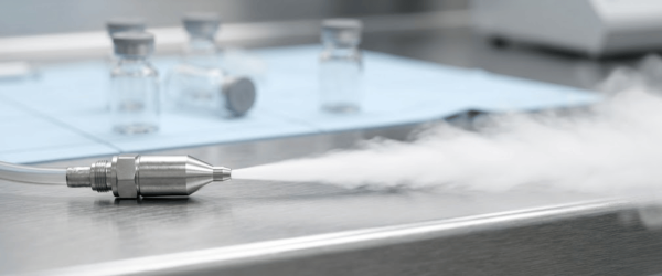 USP 800 spray nozzle producing controlled aerosol on stainless bench, vials in background, sterile compounding safety procedure.