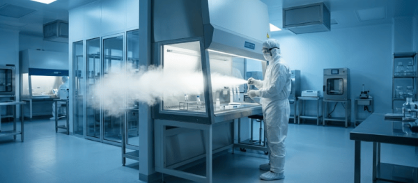 USP 800 technician in full PPE disinfecting a laminar flow hood inside a sterile compounding pharmacy lab