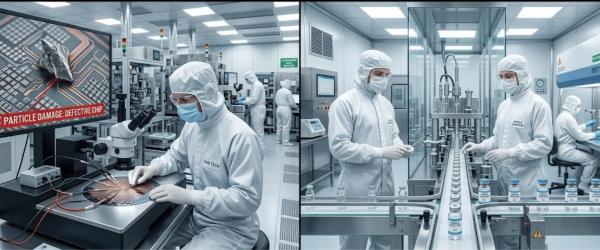 cleanroom technicians inspect a semiconductor wafer under microscope sterile technicians fill vaccine vials on conveyor in ISO 5 cleanroom