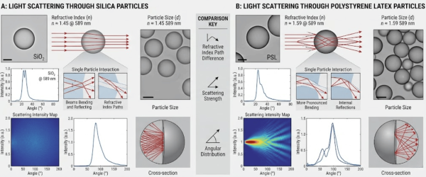 diagrams showing light scattering by silica particles n≈1.45, d≈1.45·589 nm single-particle refraction paths, scattering intensity vs angle plots, intensity map and cross‑section