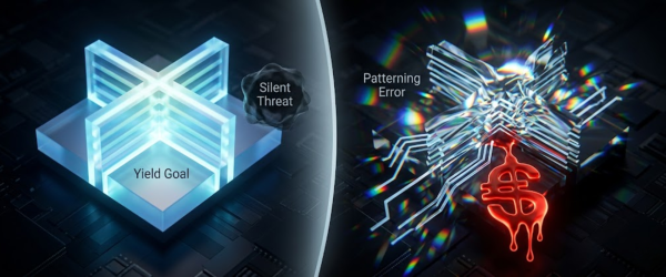 glowing layered structure labeled Yield Goal with a dark "Silent Threat" particle approaching right fractured circuitry and a dripping red dollar particle
