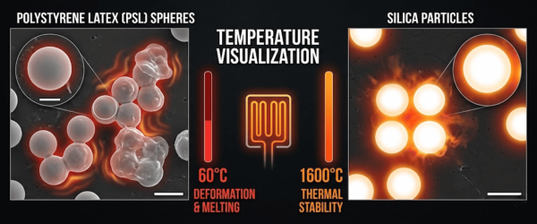 glowing polystyrene spheres melting and fusing at 60°C; right: bright stable silica particles glowing at 1600°C against dark background
