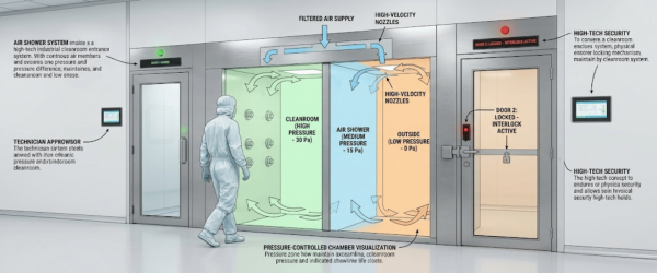 iltered high-pressure cleanroom, medium-pressure air shower, and low-pressure outside with interlocked doors