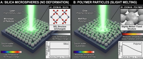 laser on silica microspheres (no change). Right: laser melts polymer particles (partial fusion), showing temperature and shape effects