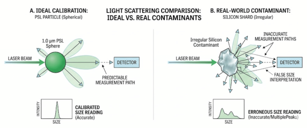 spherical 1.0 µm PSL particle scatters laser predictably to detector, producing a single accurate size peak