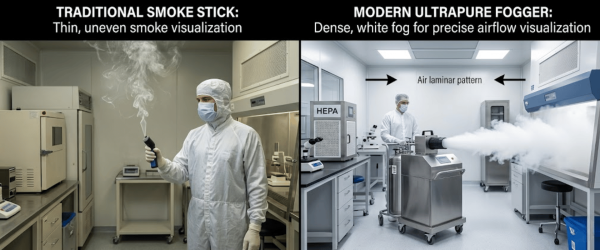 technician in cleanroom suit using a traditional smoke stick producing thin uneven smoke technician using modern ultrapure fogger emitting dense white fog to visualize laminar airflow
