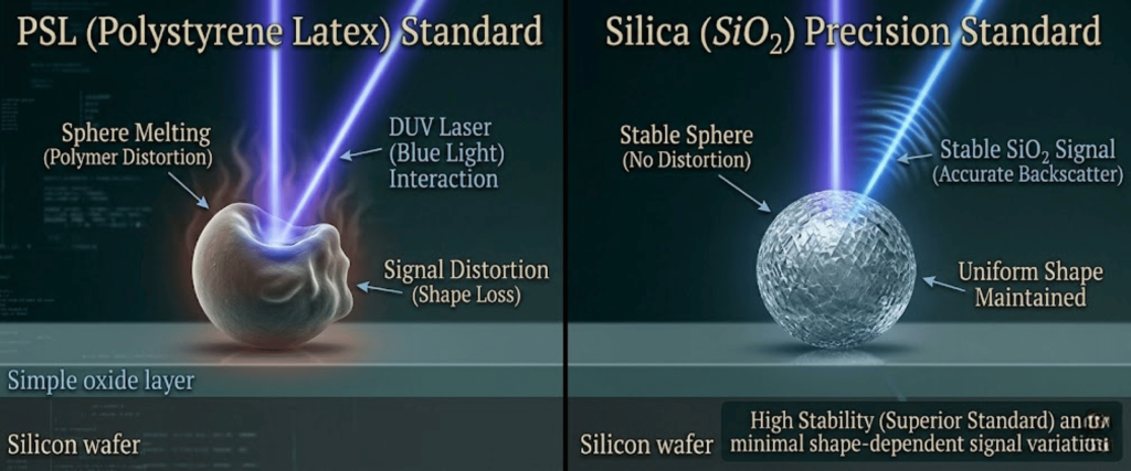 3D NAND comparison of PSL and silica standards showing polymer distortion vs stable shape under DUV laser interaction