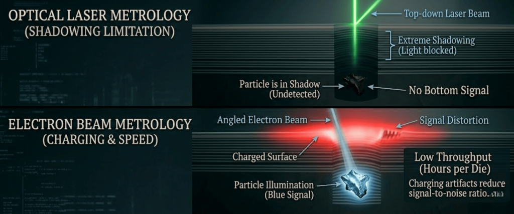 3D NAND metrology comparison showing optical laser shadowing limits and electron beam charging, distortion, and low throughput