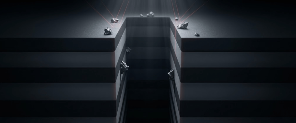 3D NAND stacked memory layers with a deep vertical channel and glowing data lines in a dark tech