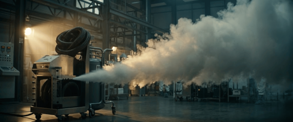 AP35 fog generator releasing dense steam inside dim industrial warehouse with machines, pipes, and soft sunlight rays