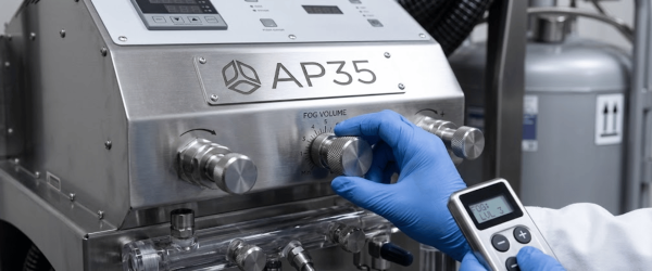 AP35 fogging machine control panel with gloved hand adjusting fog volume knob and remote showing FOG LVL 3, stainless finish