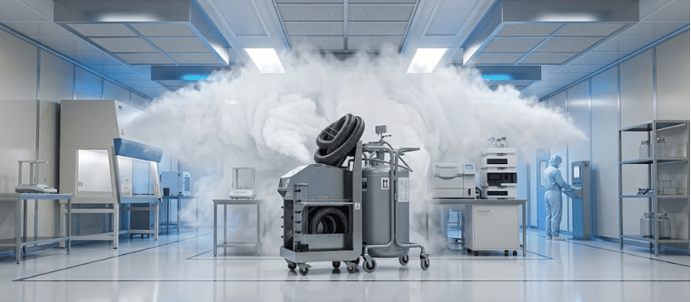 AP35 fogging machine releasing sterilizing mist in a cleanroom lab with equipment and a technician in protective suit