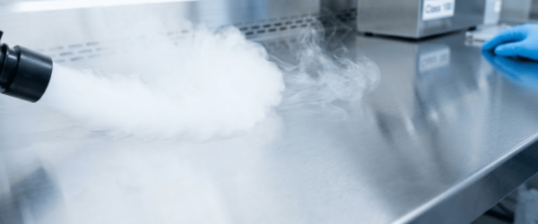 AP35 fogging nozzle releasing cold vapor over a stainless steel sterilized table in a clinical lab, gloved hand