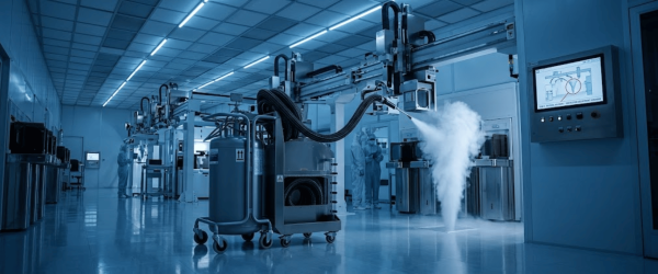 AP35 laboratory-grade robotic system spraying coolant in a sterile cleanroom with technicians and advanced equipment