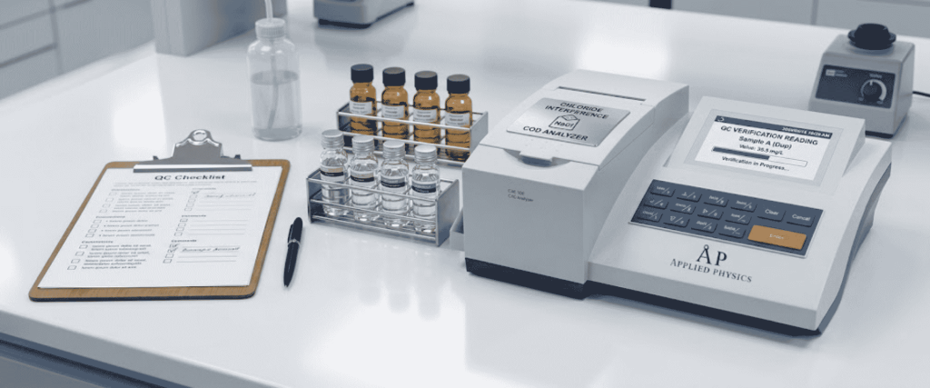 Chloride Interference in COD Testing analyzer with sample vials, QC checklist, and digital readout on a laboratory bench