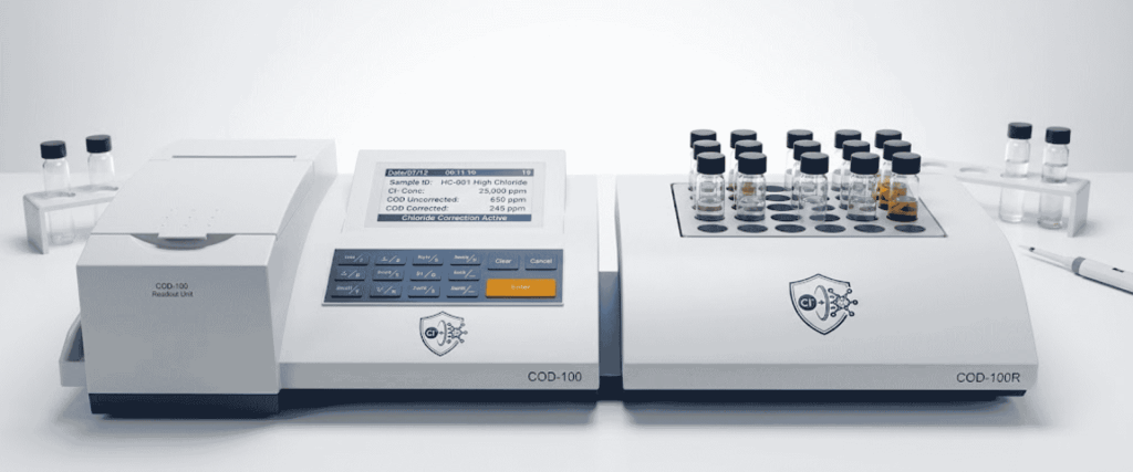 Chloride Interference in COD Testing analyzer with vials, display screen, and lab equipment for water quality analysis