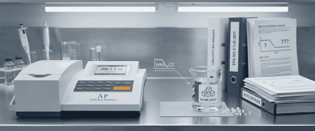 Chloride Interference in COD Testing lab setup with analyzer, beaker, reference manuals, and saline sample on a clean bench