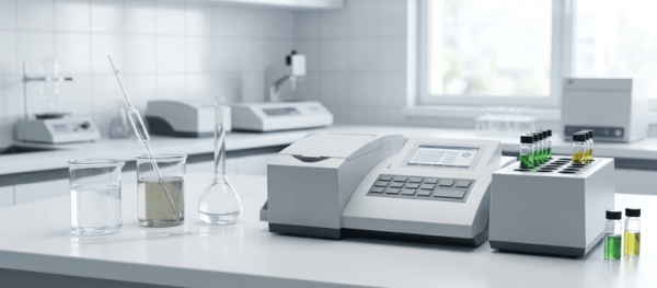Chloride Interference in COD Testing lab with analyzer, glassware, and sample vials on a clean laboratory bench