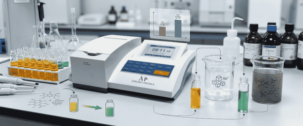 Chloride Interference in COD Testing with lab analyzer, glass beakers, reagent bottles, and color change samples in a lab