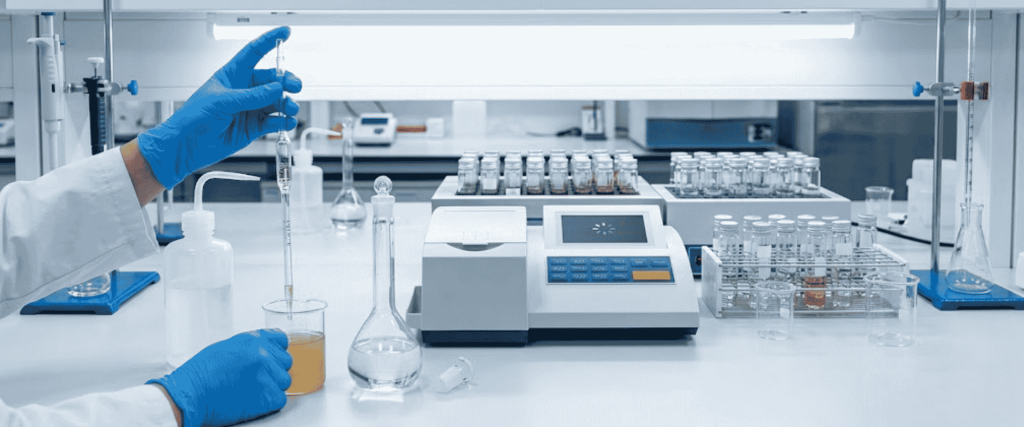 Chloride interference in COD testing, lab technician pipetting sample beside analysis equipment and glassware