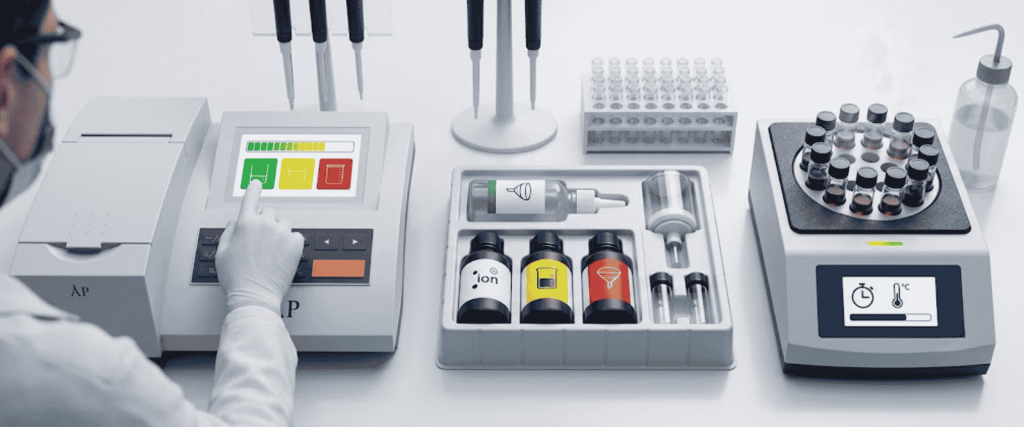 Chloride interference in COD testing with lab equipment, reagent bottles, pipettes, and a technician operating an analyzer