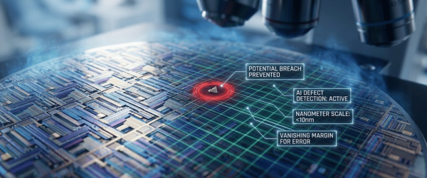 Cleanroom monitoring: AI-inspected semiconductor wafer with detected nanoscale defect highlighted under microscope, breach prevented