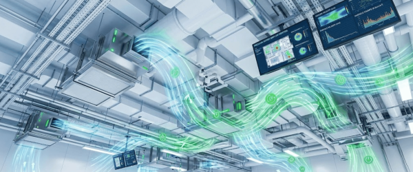 Cleanroom monitoring system ceiling with HVAC units and digital dashboards showing airflow, sensors, and real-time environmental data