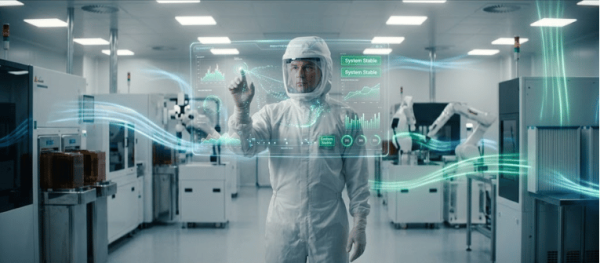 Cleanroom monitoring: technician in full cleanroom suit interacting with holographic system displaying air flow, particle and system stability data