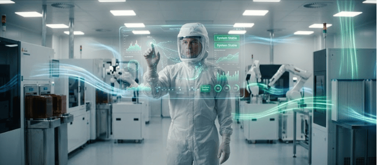 Cleanroom monitoring: technician in full cleanroom suit interacting with holographic system displaying air flow, particle and system stability data