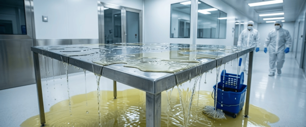 Dryfog technology: contaminated liquid overflowing stainless steel table in cleanroom while technicians in protective suits