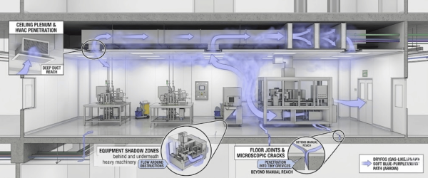 Dryfog technology fogging system disperses soft blue vapor through HVAC and equipment zones to reach crevices and floor joints