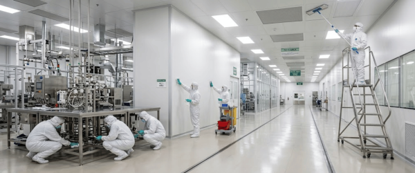 Dryfog technology sanitation team in full PPE cleaning a sterile pharmaceutical production cleanroom, equipment and surfaces