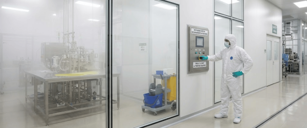 Dryfog technology technician in cleanroom suit operating control panel beside fogged glass and sterile equipment