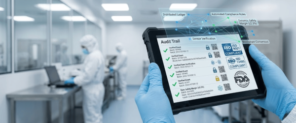 Gloved hands holding tablet showing audit trail and compliance dashboard for cleanroom monitoring in a sterile lab environment