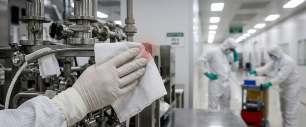 Gloved worker wiping stainless equipment in cleanroom with colleagues in PPE, showcasing Dryfog technology sanitation process