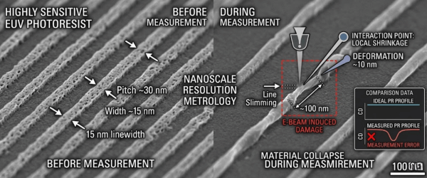 Metrology SEM image of nanoscale photoresist lines showing 15nm widths, 30nm pitch and e-beam induced collapse altering measurements