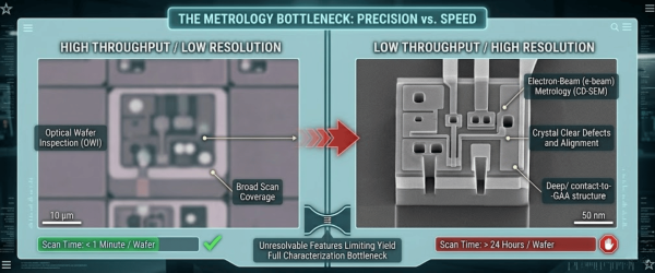 Metrology comparison graphic showing high-throughput low-res wafer scans vs low-throughput high-res SEM inspection highlighting bottlenecks