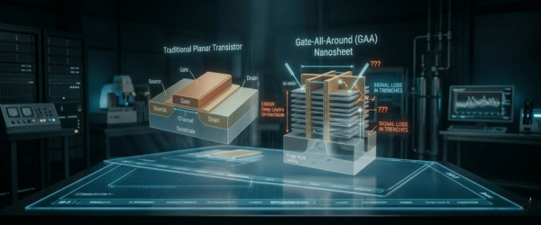 Metrology holographic display comparing traditional planar transistor and gate-all-around nanosheet structures in a lab setting