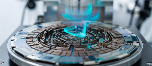 Metrology machine inspecting a precision microchip wafer with advanced laser measurement technology