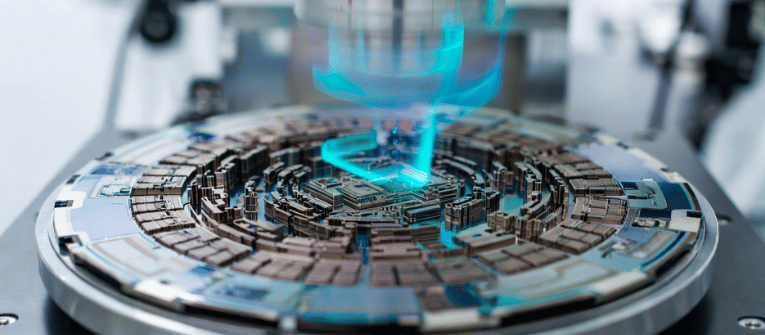 Metrology machine inspecting a precision microchip wafer with advanced laser measurement technology