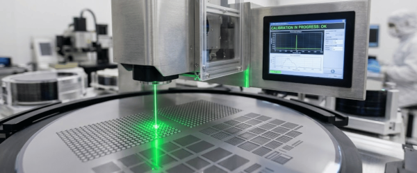 Metrology: precision laser inspecting semiconductor wafers on automated calibration station with data displayed on monitor