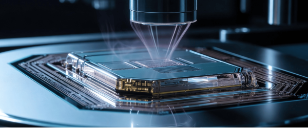 Metrology system inspecting a microchip with precision laser sensors in a high-tech manufacturing lab for quality control