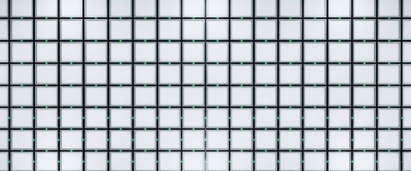 Particle grid of identical illuminated squares with small green dots at corners forming a repeating abstract pattern across white panels