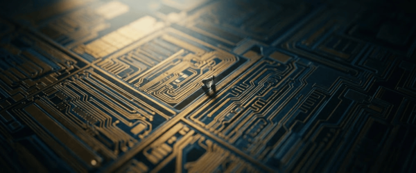Particle on a reflective circuit board with intricate gold traces and shadows, highlighting tiny particle detail and electronic pathways