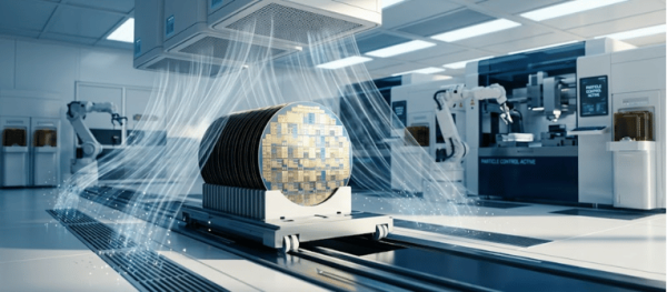 Particle-packed cleanroom with robotic arms processing semiconductor wafers under airflow filters, showing precision particle control